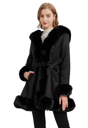 GRAN ORIENTE Suede Jacket for Women with Faux Fur Collar,Long Sleeve Warm Winter Parka Coat with Belt Outerwear2