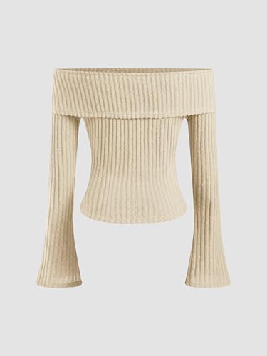 Image of CIDER Off The Shoulder Tops for Womens Sexy Long Sleeve Going Out Tops Knit Cropped Top Trendy Slim Fit