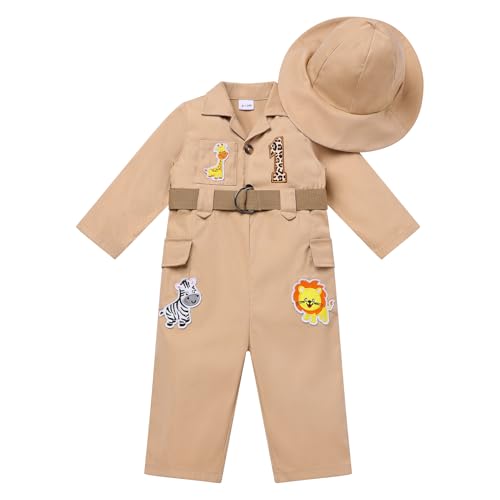 Baby Girls Boys Jungle Safari 1st Birthday Outfit Wild One Year Old Party Cake Smash Toddlers Zookeeper Suit Kids Froest Adventure Explorer Clothes Long Sleeve Jumpsuit with Hat Khaki 1st 9-12 Months