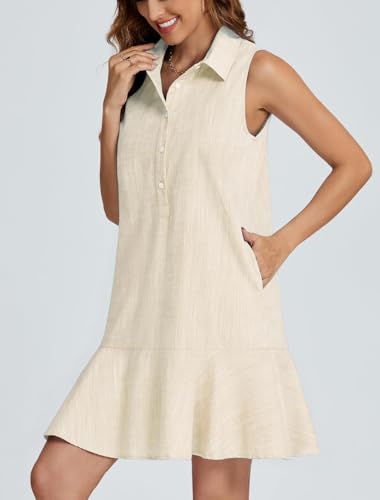 Image of Women Sleeveless Mini Dress Button Down Shirt Dress V Neck Reffle Hem Cotton Linen Tunic Short Dress