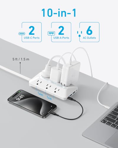 Anker Power Strip with 300J Surge Protector, 5ft Outlet Extender, 20W, 6AC - image 3