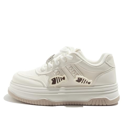 Damen Niedliche Fisch Dekoration Plateau Sneaker Walkingschuhe Y2K Leicht Atmungsaktiv Sportschuhe Bequeme Schuhe Beige 40