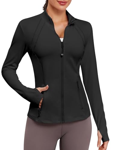 VUTRU Women Zip Up Workout Jacket Lightweight Athletic Coat with Thumb Holes and Deep Pockets for Gym Running Yoga Black XS