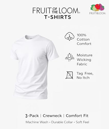 Image of Fruit of the Loom Men's Crew Tee Undershirts, Moisture Wicking & Tag Free - White - 3 Pack Large