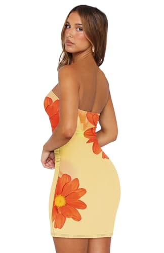 Image of OFEEFAN Summer Dresses for Women 2025 Strapless Ruched Party Club Bodycon Mini Dress