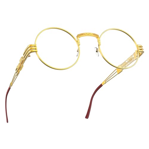 Yvey Vintage Round Steampunk Glasses for Mens and Womens Circle Eyeglasses (Gold Frame/Clear Lens)