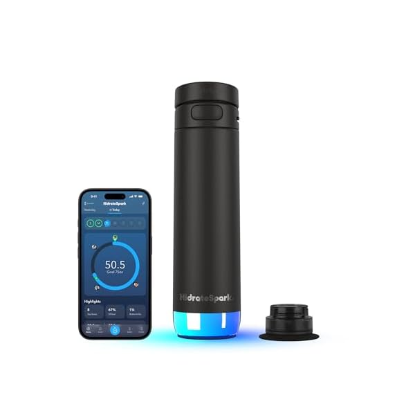 Hidrate Spark PRO 2 Smart Straw Water Bottle – 21 oz Insulated Stainless Steel, Tracks Water Intake, Glows & Beeps For Drink Reminder, Bluetooth Sync to App, BPA-Free, Black (with Apple Find My)