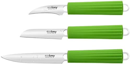 Paring and Peeling Chef Knife Set in Gift Box by ECOTONY – 3 Piece Professional Stainless Steel Sharp Edges Kitchen Knife Set – Curved Peeler, Fruit Parer and Utility Knife - Soft Silicone Handles