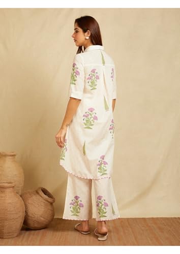 Image of LookMark Women's Off White Viscose Rayon Printed Kurta Set | Kurti with Pants | Ethnic Traditional Outfit