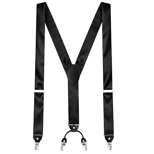 Cuffbow Mens Silk Suspender Tuxedo Formal Y Back Suspenders Men Formal Suit Adjustable Braces for Tuxedo Dress Pants(Black Classic Length)