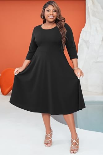 Runwind Women's Plus Size Midi Dress Classy High Waist Wedding Guest Dress Casual Crew Neck 3/4 Sleeve A-Line Swing Dresses4