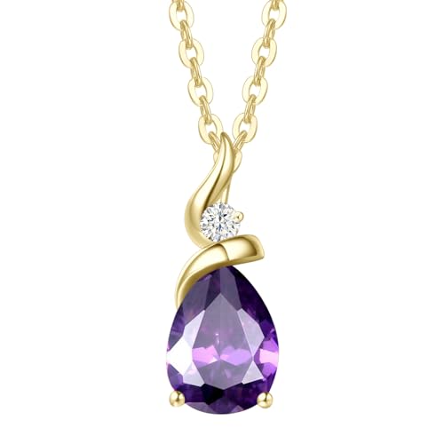 FANCIME Natural Amethyst Necklace 14K Solid Yellow Gold Teardrop Pendant February Birthstone Jewelry Gifts for Mom Women