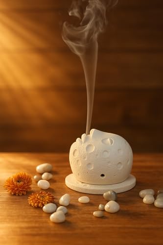 Image of CraftVatika Ceramic Moon Face Incense Holder with Plate, Home Decoration Items for Living Room, Meditation Yoga Spiritual Aromatherapy Home Decor, Resin Incense Burner, Decorative Showpiece