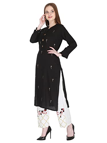 Image of Women's Rayon Straight Kurta Pant with Dupatta Set (Black)