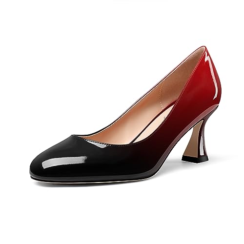 DearOnly Womens Close Round Toe Sexy Casual Slip-on Pumps Patent Leather Mid Heel Basic Classic Office Shoes 2.6 Inches Heels