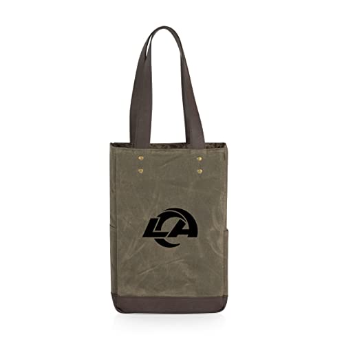 PICNIC TIME NFL Los Angeles Rams 2 Bottle Insulated Wine Bag - Distressed Waxed Canvas Wine Tote Bag - Wine Gift Bag, (Khaki Green with Beige Accents)