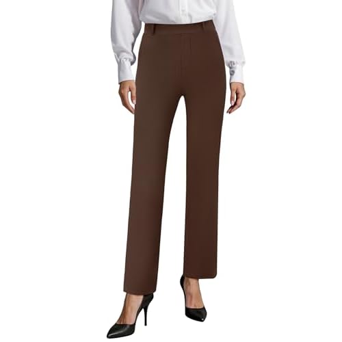 Womens Stretchy Dress Work Pants, Business Casual Straight Leg Office Trousers Pull On Slacks with 2 Pockets Brown X-Large