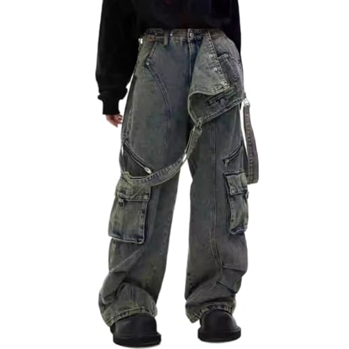 LIXINGHEITANG Removable strap jeans mens American retro design work trousers