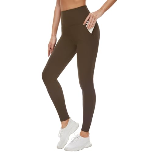 Aoliks Leggings with Pockets for Women - High Waist Tummy Control Yoga Pants Running Gym Workout Dance Pants(Brown,Small-Medium)