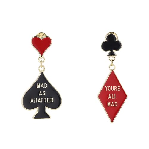 Queen of Hearts Asymmetric Rabbit Hat Poker Dangle Earrings Red Heart Costume Accessories for Women Rave Outfit Dress Corset Skirt Jewelry