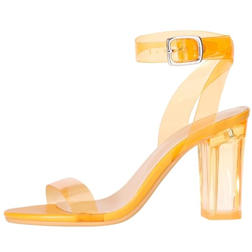 Image of ZriEy Clear Block Sandals Chunky Heels for Women 3.35 Inch Open Toe Adjustable Ankle Strap Pump Sandals for Weddings Parties Daily Wear