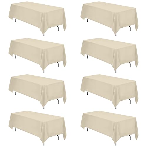 Image of BRILLMAX 8 Pack Beige Tablecloths 70x120 Inch for 6-8ft Rectangle Tables | 150 GSM Polyester Fabric, Universal Fit, Water, Stain & Wrinkle Resistant Cloth Cover for Wedding Reception Banquet Party