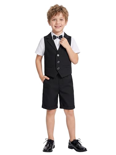 Image of LOLANTA Boys 4PCs Summer Suits, Short Suit Set for Wedding Ring Bearer Outfits Dress Clothes Vest Shirt Shorts Bow Tie