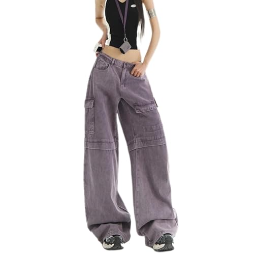 Retro Purple Sweet Potato Work Pants - Y2K Style, Loose and Wide Legs, Women's Floor Length Denim Pants