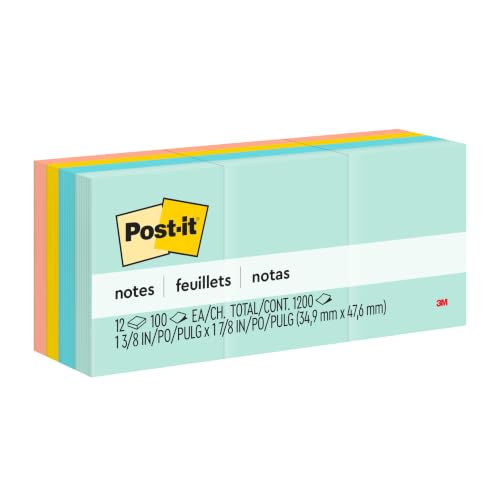 Image of Post-it Notes, 1 3 /8 in x 1 7 /8 in, Marseille Collection, 12 Pads /Pack (653-AST) | School Supplies and Office Products