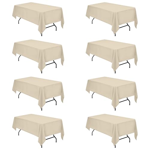 Image of BRILLMAX 8 Pack Beige Tablecloths 60x102 Inch for 6ft Rectangle Tables | 150 GSM Polyester Fabric, 15 inch Standard Drop, Water, Stain & Wrinkle Resistant Cloth Cover for Wedding Reception Banquet Party
