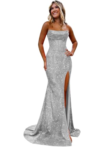 XONHS Teen's Sequin Mermaid Prom Dresses Sparkly 2026 Silver Scoop Neck Long Mermaid Corset Formal...