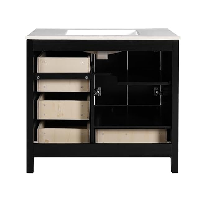 Modern Bathroom Vanity with Ceramic Sink Combo, Solid Wood Frame Bathroom Storage Cabinet with 4 Drawers& Soft Closing Doors, Freestanding Vanity Set