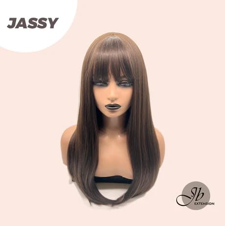 Miniatura 5 de JASSY - Peluca de cabello largo natural liso marrón con flequillo completo, para usar y llevar, sin pegamento, pelucas sintéticas naturales para uso