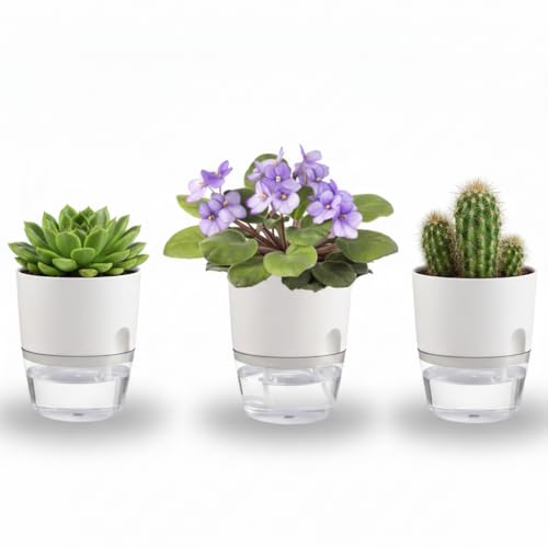 Thorkok 3.2 Inch Self Watering Planters Plastic Planter Pots 3 Pack Wicking Flower Pots Modern...