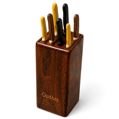 Image of Wood Knife Stand /Holder - Empty Wood Knife Box /Knife Organizer for Kitchen Cutlery, Scissors, and Spoons (Brown, Sheesham Heartwood Rectangular Knife Block)