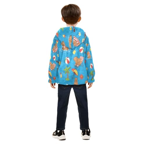 Capibara Beach Party Pattern Toddler Fleece Jacket Girl Boys Hooded Fleece Jacket Coat Warm Outwear Zip-up 3-10T4