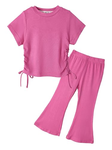 Miipat Toddler Girl Summer Clothes Short Sleeve shirring T-Shirt Flare Pants 2Pcs Baby Bell Bottom Outfits