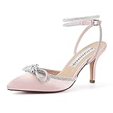 ELEGANTPARK HC2302 Blush Pink Heels for Women Pointed Toe Sexy Ankle Strap Dress Shoes Rhinestones Bow High Heel Pumps Satin Wedding Evening Prom Shoes US 8