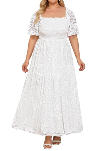 Brautkleid in Übergröße, Boho-Stil, Spitze, formell, quadratischer Ausschnitt, Rüschenärmel, langes Kleid für kurvige Frauen, Weiss/opulenter Garten, 50 Mehr