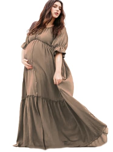 Maternity Dress,Off Shoulders Puff Sleeve Maternity, Photo Prop Dress, Maxi Wedding Gown-Baby Shower Button-On (US, Alpha, X-Large, Regular, Regular, Apricot) at Amazon Women's Clothing store