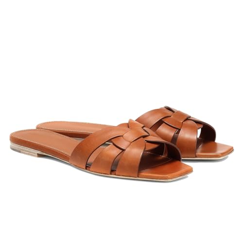 THESHY Women's Flat Sandals Square Toe Patent Leather Comfortable Slip on Slippers Casual Summer Dressy Beach Slide Sandals for Women