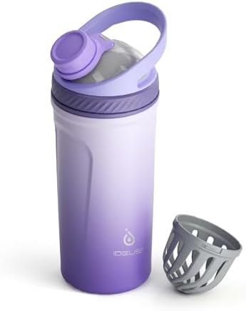 Ideus Edelstahl Protein Shaker 700 ml auslaufsicher mit Griff Violett | Doppelt isoliert, BPA-frei, mit leisem Rührsieb für Sport & Fitness