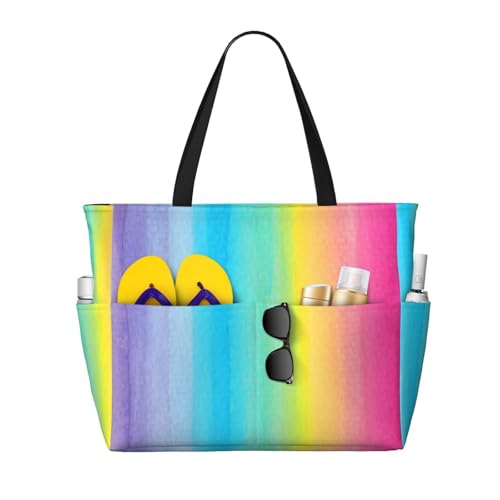 Pretty Watercolor Rainbow Design Extra Large Beach Tote Bag – Beach Vacation Essentials With 7 Pockets, Durable Polyester Carryall For Swim, Pool & Camping