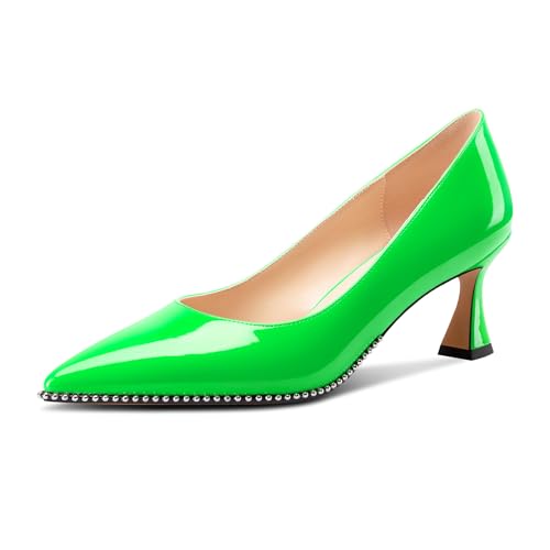Image of TNYNFBEB Womens Mid Kitten Heel Pointed Toe Pumps Slip-on Silver Beaded Prom Party Dress Patent Leather 2.6 Inches Heels