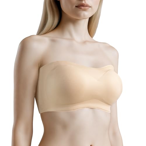 GOYOA Wireless Strapless Bras for Women Wirefree Non Slip Invisible Seamless Padded Bandeau Bra Tube Top Bralette Beige S
