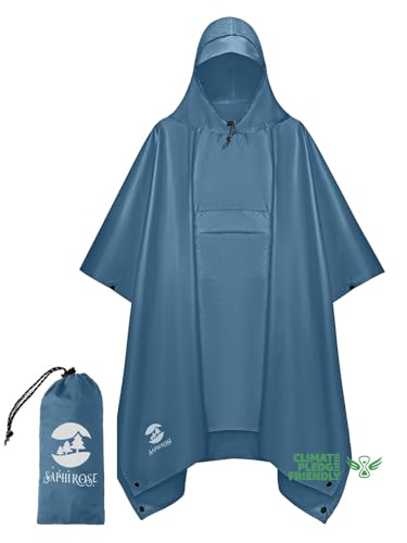 Image of SaphiRose Extra Thick Hooded Rain Poncho Double Layer Waterproof Raincoat Jacket for Men Women Adults
