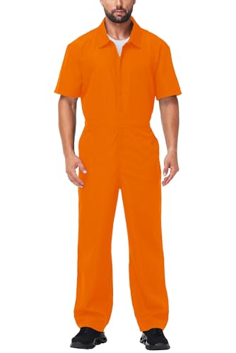 AOBUTE Men Orange Jumpsuit Prisoner Short Sleeve Coveralls Women Halloween Killers Cosplay Costume M