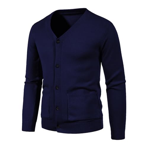 Mens V Neck Button Down Cardigan Sweater Long Sleeve Slim Fit Solid Color Cable Knit Cotton Soft Warm for Casual