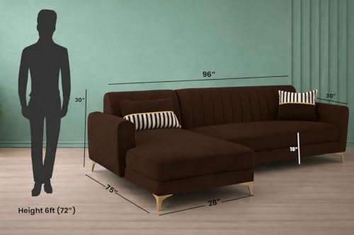 Image of Adorn India Premium Luster 8 Seater L Shape Sofa Set with 2 Puffy & 1 Center Table | Velvet Suede Fabric | 3-Year Warranty | LHS | Brown with Golden Legs & Striped Pattern Cushion