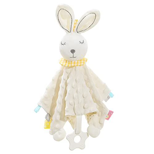Image of Loveys for Babies, Security Blanket Soft Stuffed Animal Bunny Lovey Unisex Lovie Baby Stuff Snuggle Blanket with Tags Teether Bells, Soothing Plush Toys Baby Gift for Newborn, White Rabbit